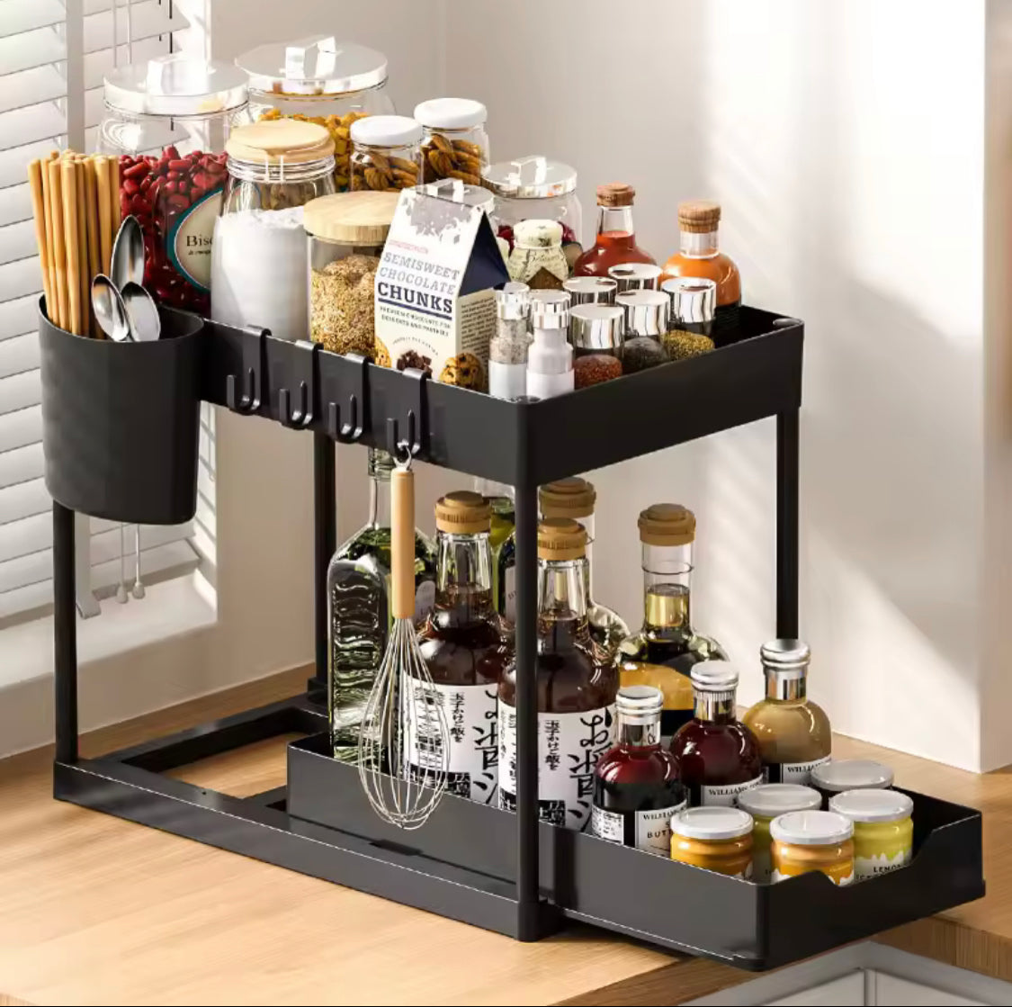 Double Deck Pull Out Organizer, 2 Tier Under Sink Organizer, Organizer Storage Rack With Hooks Hanging Double Deck Pull Out Organizer, 2 Tier Under Sink Organizer, Organizer Storage Rack With Hooks Hanging